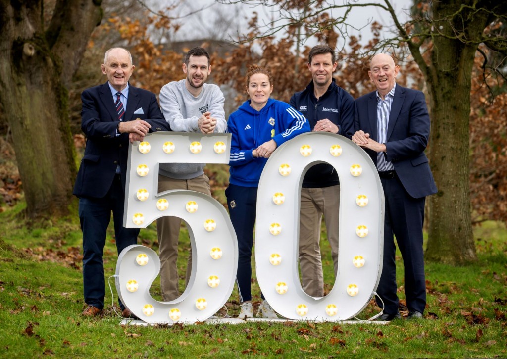 Celebrating the top moments in 50 years of sport, Michael McKillop, four-time Paralympic Gold medallist, John Kinnear, Team Manager Ulster Rugby 1999, and Marissa Callaghan, Captain NI Women’s Football Team 2022, join Sport NI Interim CEO, Richard Archibald and George Lucas, Chair of Sport NI at the House of Sport, Belfast.  