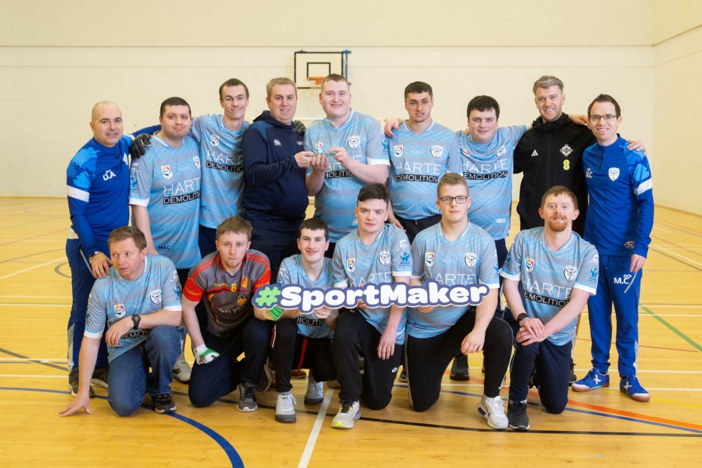 The Futsal For All Disability session participants with Sport NI’s Alan Curran (middle), Omagh Futsal Club Chairman Martin Cassidy (right) and coach David Alonso (left) along with Gareth Porter from the Irish Football Association (Inside right)