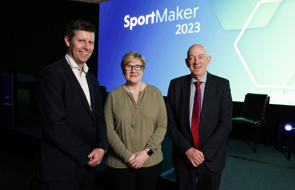 Sport NI Interim CEO Richard Archibald (left), Department for Communities representative Katie McClements (centre) and Sport NI Chair George Lucas (right) at the 2023 SportMaker Awards Celebration Evening