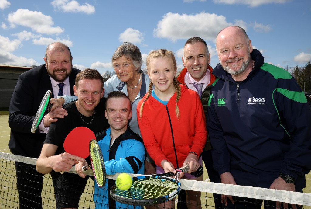 Enjoying the Racketlon event at Dromore Community Centre are (l-r): Councillor Mark Baxter, Chair of Leisure and Community Services Committee from Armagh City, Banbridge and Craigavon Borough Council; Aleksander Bartusik, Table Tennis Ulster; Niall McVeigh, Para-Badminton World & European Champion; competitor Hilda Macbride, Lisburn Racquets; Amber Young, U14 Ulster Tennis Academy player; John News, Participation Manager Sport NI; Nick Rusk Every Body Active 2020 Coach.