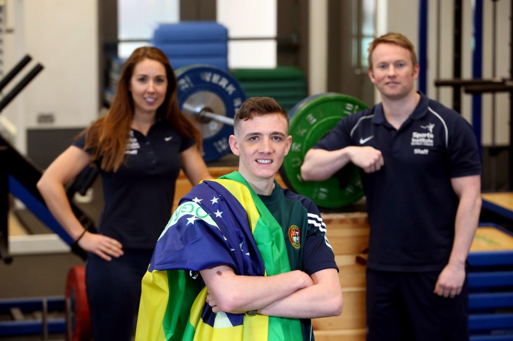 Brendan Irvine with Sports Institute physiotherapist Orla O'Rourke and strength and conditioning coach Robbie Bremner