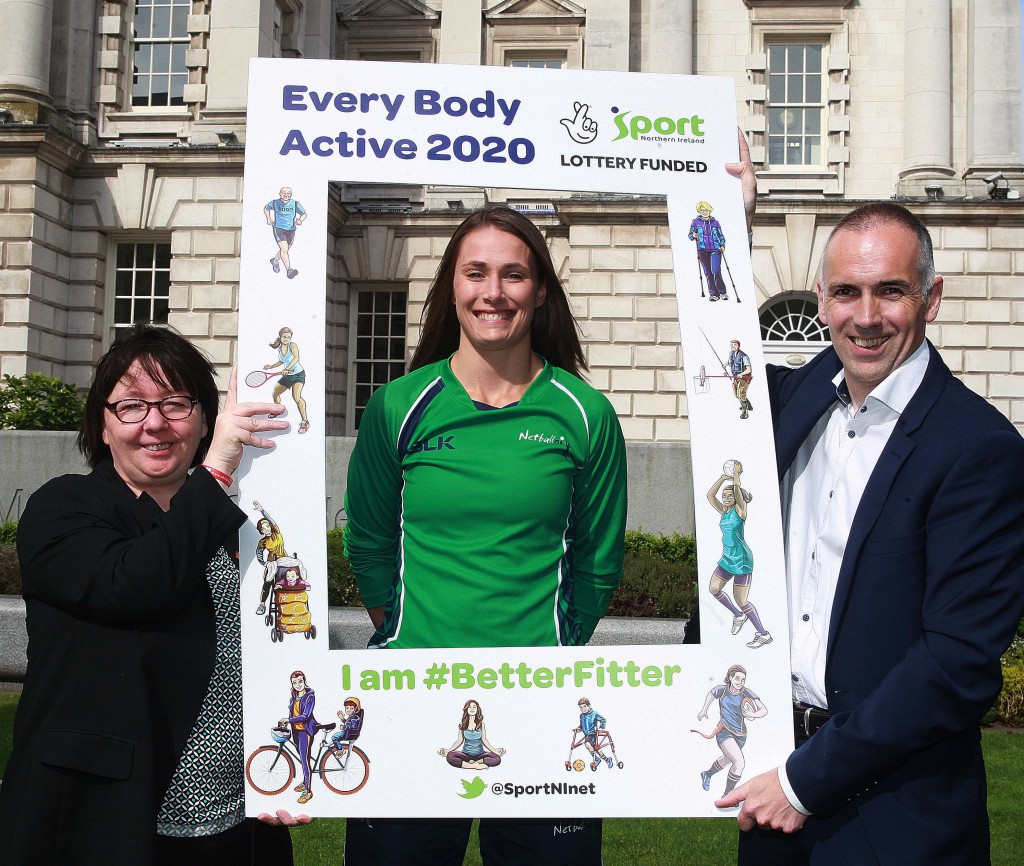 NI Netball International Niamh Cooper with Deputy Lord Mayor Mary Ellen Campbell and Sport NI Acting Director of Participation John News