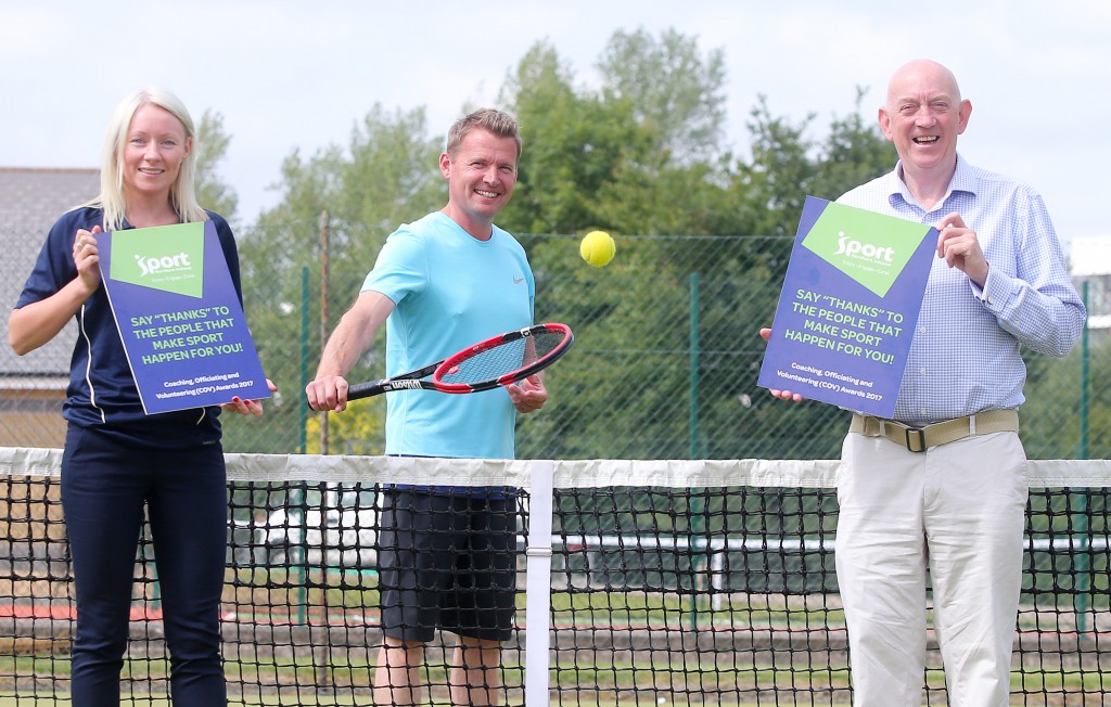 Sport NI's Marie-Therese Higgins, 2016 Children's Coach of the Year Ben Neal, and Sport NI Chair George Lucas