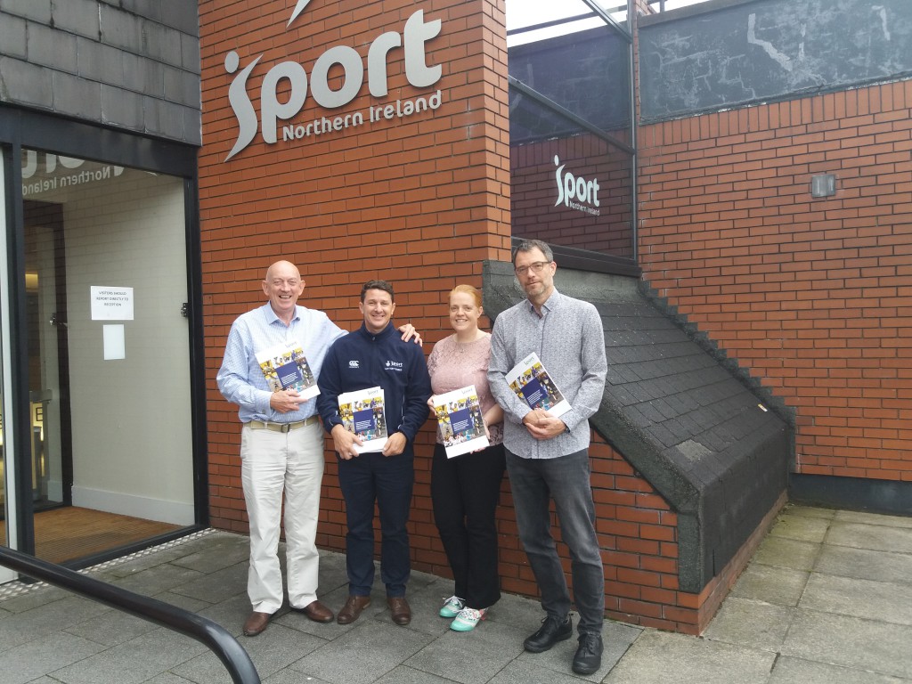 George Lucas (Sport NI Chairman), Dr Paul Donnelly (Sport NI), Angharad Burt (Sport NI) and Dr. Dirk Schubotz (QUB)